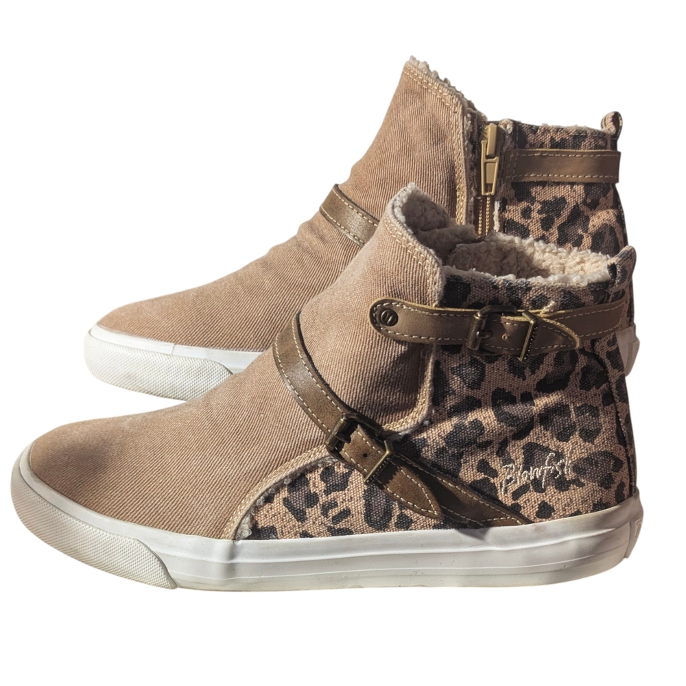 BLOWFISH MALIBU Women 9 Brown Leopard Textile Zipper Adj Hightop Trainer Sneaker